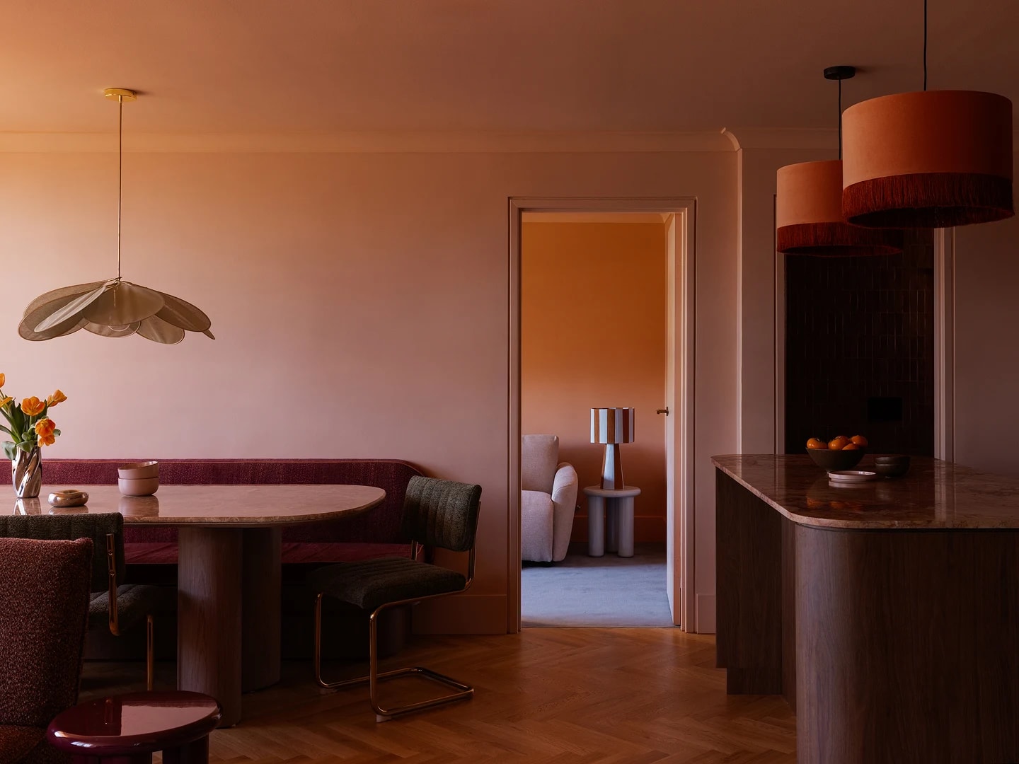 Colourful Manly apartment featuring HW16002CP Pallido Herringbone timber flooring.